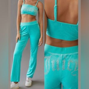NWT Juicy Couture Urban Outfitters Blue Velour Two Piece Pants and Crop Top Set